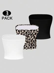 INAWLY Y2K 3pcs/Set Leopard Graphic Black White Solid Color Tube Top