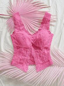 Soleia 女式刺绣前开衩下摆拼布蕾丝边休闲度假背心，适合派对、下午茶、海滩、约会、夏季穿着 - 玫紅色 - 查看 3