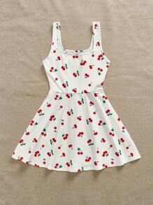 SHEIN EZwear 女士休闲 U 领无袖樱桃印花荷叶边迷你连衣裙（带衬里），适合夏季 - 彩色 - 查看 2