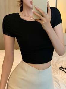 DAZY Women's Summer Backless Tie Strap Bow Sexy Casual Black T-Shirt,Crop Tops Women