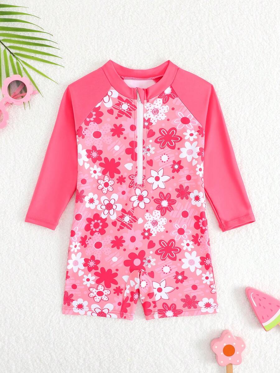 Baby Girl Long Sleeve Floral Print Front Zipper One-Piece Swimsuit Beach Outfit Swim Suits For Baby Girl Swimsuit Long Sleeve Swimming Suit Swim Suits For Baby Girl Swimming Suits For Baby - Multicolor - View 1