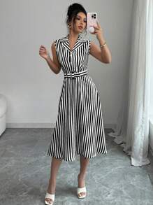 SHEIN PETITE Vestido de mujer elegante a media pierna sin mangas con cintura ceñida y rayas, para primavera/verano
