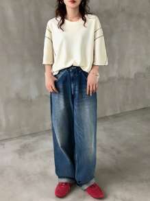 FRIFUL Top de plage casual à col rond oversize bicolore pour femmes, hauts polyvalents à manches longues pour femmes