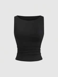 Sweetra 女士纯色褶皱 V 领黑色、白色、棕色吊带背心套装 - 彩色 - 查看 7