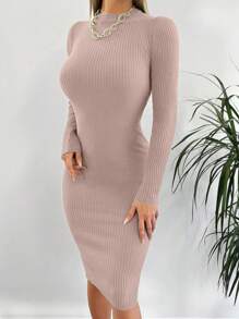 EURMUSE Women Solid Color Crew Neck Long Sleeve Fitted Knitted Dress - Watermelon Pink - View 5