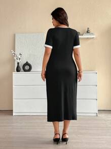 Easura Vestido casual elegante de señora urbana estilo francés, dulce y sexy para talla grande, con manga corta y ajustado. Nuevo vestido de vacaciones de punto con bloque de color, cuello redondo y botones, efecto patchwork