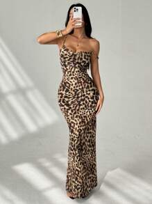 SHEIN PETITE 女士长款休闲连衣裙，简约时尚豹纹吊带，日常穿着，猎豹印花连衣裙 - 彩色 - 查看 7