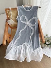 Tween Girls Asymmetrical Mesh Contrast Lace Bow Sleeveless Dress - White - View 4