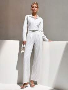 CLARA VERO 长袖衬衫和中腰长直筒裤条纹套装 - 白色 - 查看 3