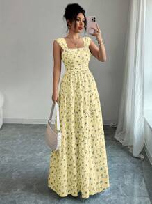 Selianne 女式束腰花卉印花无袖花卉连衣裙，优雅度假休闲通勤百搭风格婚纱长裙春夏季超长连衣裙，演唱会女装，优雅适合日常通勤、音乐节、节日装/音乐节/德比裙 - 淡黃色 - 查看 3