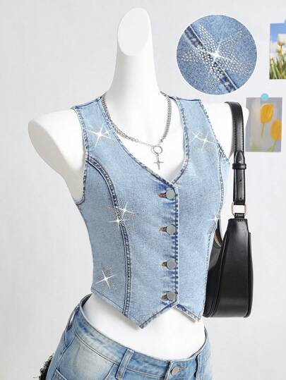 SHEIN Chaleco sin mangas de denim elástico color azul claro con decoración de estrellas brillantes de strass para adolescentes, uso casual de primavera y verano, de estilo country y bohemio para vacaciones