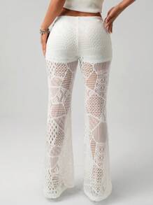 SHEIN ICON 复古超低腰纹理针织透视流苏腿紧身喇叭超长裤 - 米色 - 查看 2