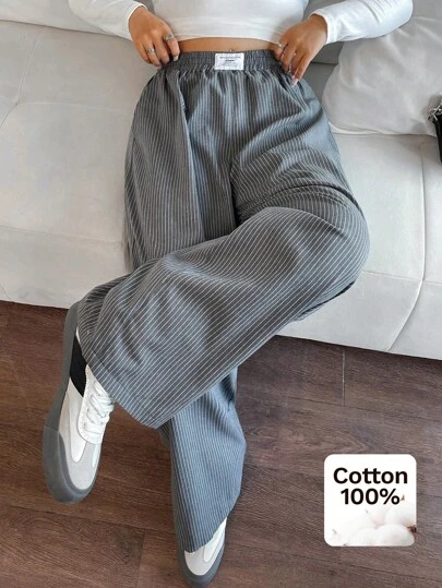 SHEIN EZwear Plus Size Women Gray Woven Letter & Striped Loose Wide-Leg Pants