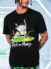 Rick and Morty X SHEIN Men's Funny Cartoon Pattern Short Sleeve Top And Checkerboard Shorts Pajama Set, Comfortable Fabric For Everyday Wear