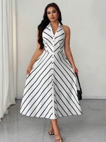 SHEIN Unity Plus Size Striped Collared Button Down Waist Cinched Waist Midi Dress, Work Casual For Summer - Black and White - View 1