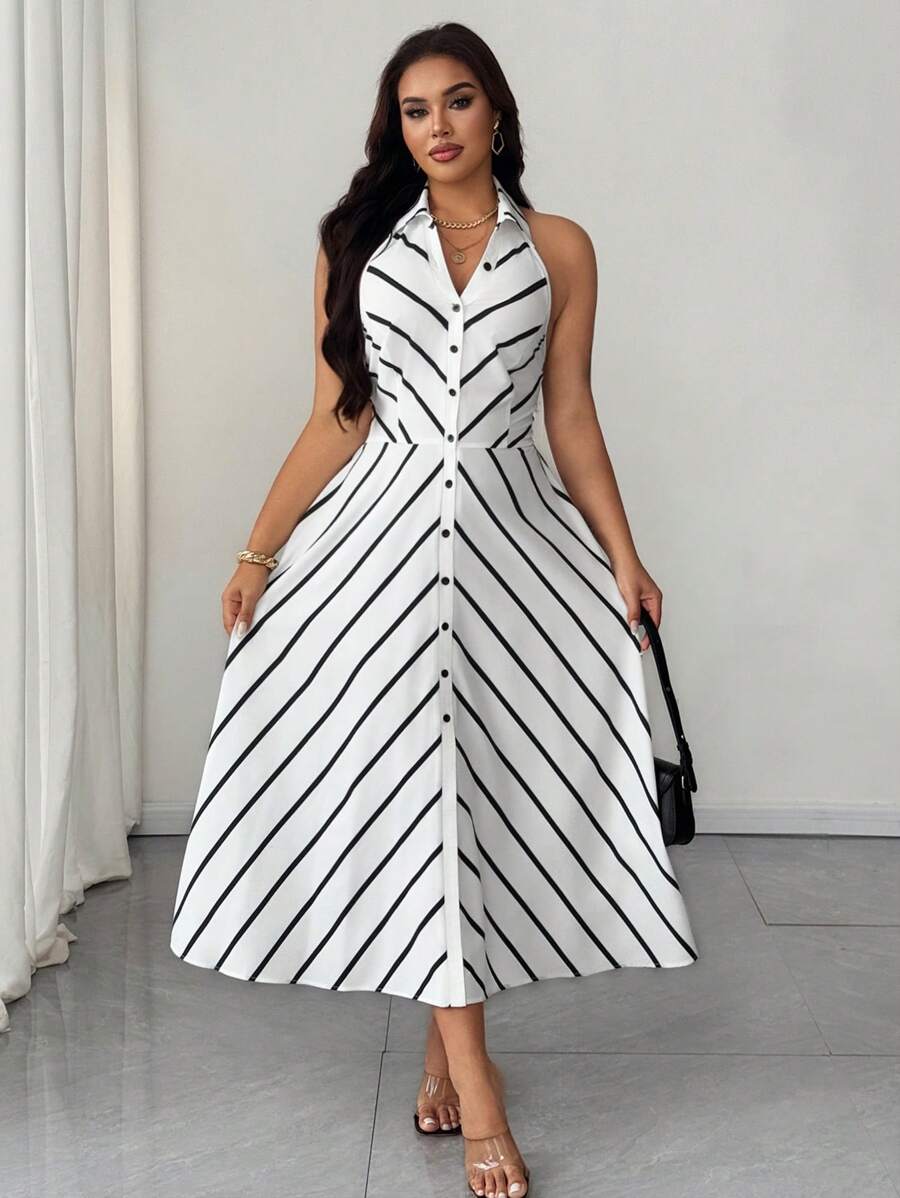 SHEIN Unity Plus Size Striped Collared Button Down Waist Cinched Waist Midi Dress, Work Casual For Summer - Black and White - View 1