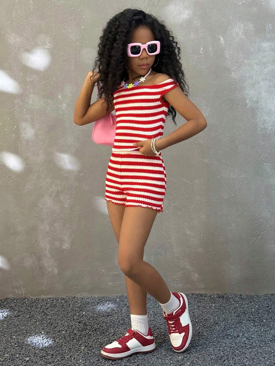 Coolane Kids 少女 两件套节日条纹针织不对称肩部修身上衣和超低腰紧身短裤,适合派对、圣诞节、情人节、约会、海滩、邮轮、狂欢节、复活节等场合。 - 紅色 - 查看 1