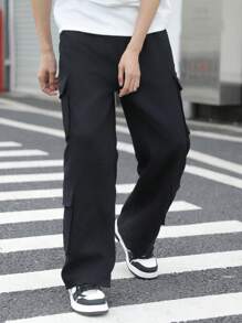 PantsHub 1 件青少年男孩休闲运动学院艺术复古黑色工作服直筒裤，配有大型立体工作口袋，适合返校生日派对、晚会、表演、婚礼、洗礼、开幕式、日常穿着，适合日常使用，适合上学，适合度假和旅行，适合运动，适合春夏季节