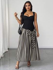 SHEIN Unity Plus Size Women Elegant Romantic Casual Vacation Spaghetti Strap Bandeau Striped Patchwork Bow Decor Fitted Waist Midi Dress - Multicolor - View 4