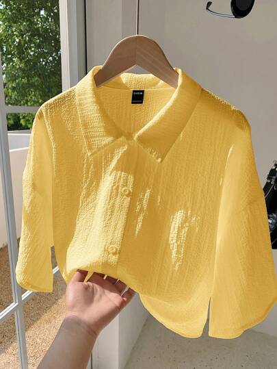 Comfortcana Plus Size Women's Yellow Short Sleeve Shirt For Summer Vacation,Going Out Tops Women