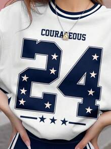 SHEIN Leap Crew Y2K 风格复古 24 号星星印花棒球夹克，运动风；青少年女孩休闲宽松条纹短袖 T 恤和骑行短裤 2 件套，适合夏季