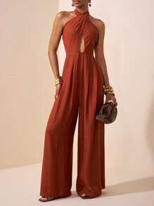 Zivah 2025 Summer New Style For Weddings, Birthday Parties, Daily Travel, Basic And Versatile, Leisure Vacation, Cruise Travel, Beach And Sunbathing, Popular Online Style, Street Style, Elegant Commuting, Business Casual, Deep V-Neck Halter Neck Cross Straps, Sexy Backless Pleated Loose Wide-Leg Pants, Red-Brown Summer Jumpsuit, Women's Jumpsuit - Rust Brown - View 5