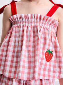 SHEIN Conjunto de niña joven con blusa de cuadros, camiseta con lazo y shorts con dobladillo de volantes - Multicolor - Ver 5