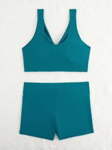 SHEIN Swim 1 件女士纯色细肩带泳衣和三角泳裤，夏季时尚