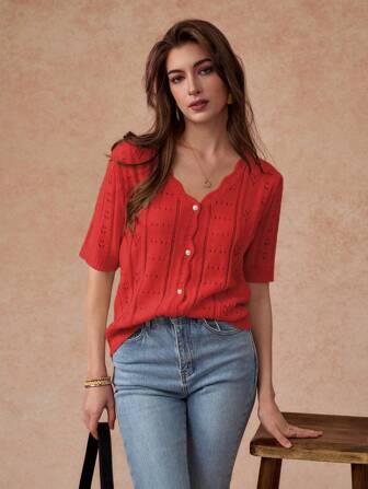 Écloséra Women's Casual Red Knit Button-Up Top, Elegantly Designed With A Scallop V-Neck, Stylish Short Sleeves, And Subtle Semi-Sheer Pointelle Accents.