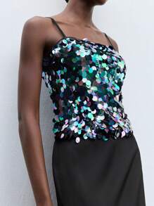 Maija 彩色亮片装饰吊带背心，时尚都市风格，适合夏季度假、派对、节日活动，用途广泛 - 黑色 - 查看 4