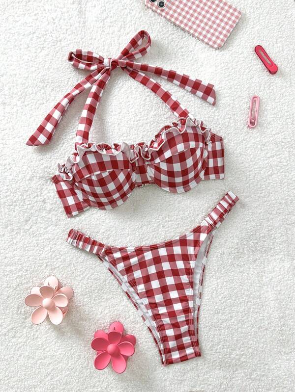Soleia Bohemian  ,Boho, Romantic Floral ,Vacation, Floral  2pcs Women Red & White Grid Print Swimsuit Set, For Vacation, Cute, Kawaii