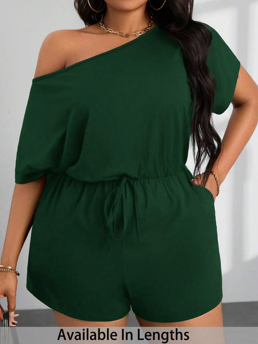 SHEIN PETITE CURVE 女式大码夏季休闲露肩短袖连体裤 - 墨綠色 - 查看 1