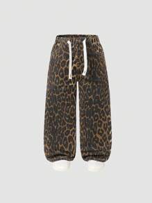 女童复古宽松可调节腰部咖啡色豹纹休闲牛仔阔腿裤