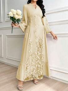 Modelyn 优雅3D刺绣拼接侧系带收腰修身女士奢华浪漫连衣裙 - Butter Yellow - 查看 6