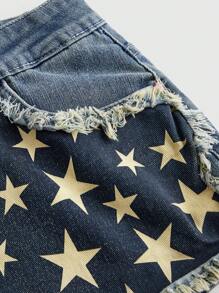 ROMWE Avant Plus Size Women 4th Of July Retro America USA Flag Print Distressed Denim Shorts, Pin-Up Style - Multicolor - View 4