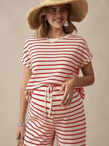 SHEIN 孕妇两件套：条纹圆领短袖 T 恤和长裤 - 紅白色 - 查看 3