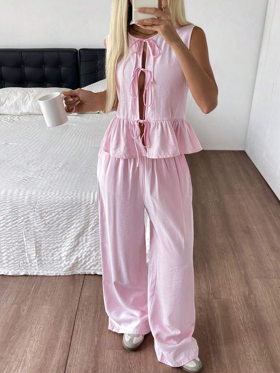 SHEIN EZwear Stockholm Style European Summer Airport Outfit For Women Vacation Two Pieces Set Pink Woven Ruffle Hem Sleeveless Top & Long Pants Casual 2-Piece Set Women Summer Clothing