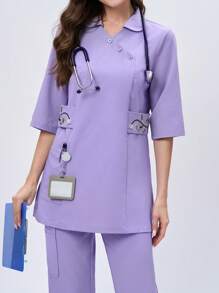 Scrubzie 不对称刺绣长款衬衫领制服上衣 - 紫色 - 查看 4