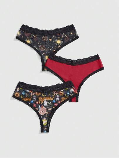 Hippie 3pcs/Pack Hippie Sun & Moon Contrast Print Women's Thong Panty Set