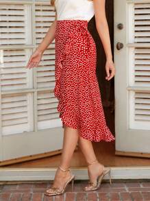 SHEIN Clasi Falda ribete con fruncido cruzado con nudo lateral - Rojo - Ver 5