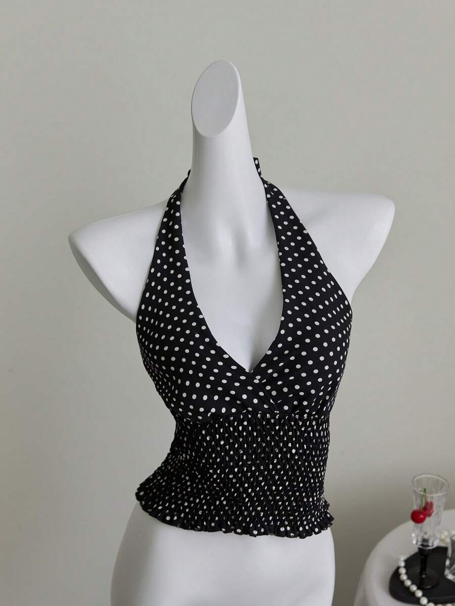 Elamini Women's Fashion Sexy Polka Dot Tie Halter Neck Top , Suitable For Vacation - Black - View 1