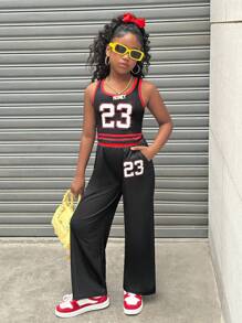 SHEIN 2pcs Tween Girls Numeric Print Tank Top + Pants Set, Casual Everyday Outfits, Mommy And Me Matching Outfits (2 Sets Sold Separately) - Black - View 6