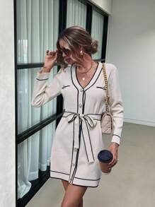 Lavishia Contrast Piping Belted Jumper Dress - Beige - View 3