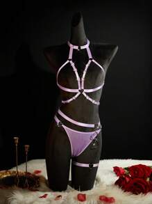 SpicyHot 2 件套系带心形镂空性感无线紧身衣，带腿袜，女士适用 - 淡紫色 - 查看 7