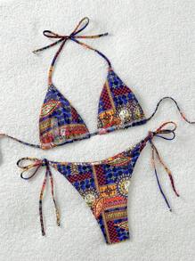 Soleia 2 件套女士蓝色格子吊带比基尼泳装，度假装 - 彩色 - 查看 2