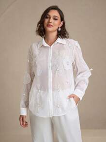 Chikora 大码女式3D立体印花雪纺褶皱优雅职业通勤衬衫 女式夏季服装 女装 女装夏季套装 女式衬衫 优雅，骄傲女性，教师女性，机场女性，度假女性，夏季连衣裙女性，7月4日女性，商务休闲女性，夏季女装，外出上衣女性，纽扣衬衫女性，夏季上衣，外出上衣女性，办公室女性，夏季上衣女性，可爱夏季上衣 - 白色 - 查看 2
