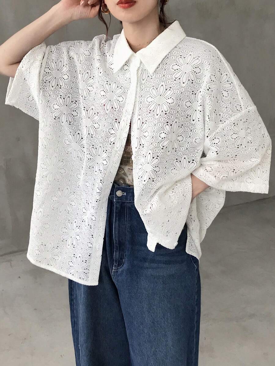 FRIFUL 女士夏季度假休闲白色蕾丝宽松落肩衬衫