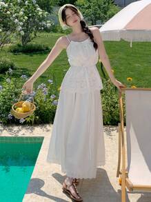 DAZY 2pcs Women Hollow Out Sling Skirt Set, Spring/Summer - White - View 7