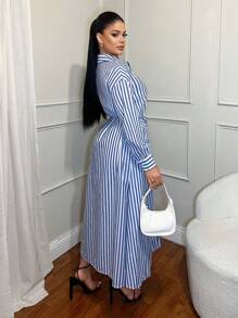 SHEIN SXY Blue And White Striped Long Sleeve Shirt Style Cinched Waist A-Line Dress For Women, Work/Casual Wear, Spring & Summer - Blue and White - View 2