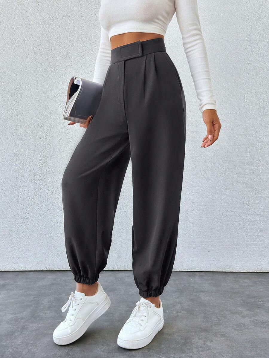 SHEIN PETITE Cone Shaped Women Suit Pants With Detailed Waist - Dark Grey - View 1
